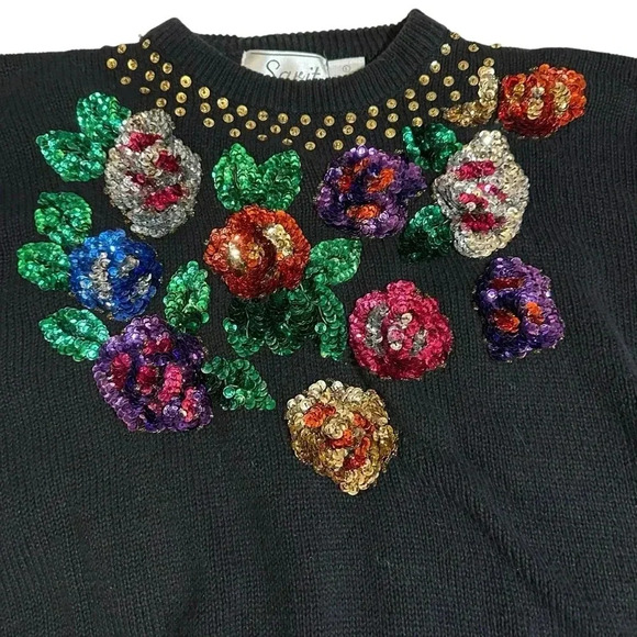 RARE VTG 1980s knitted sweater with beaded sequin floral embroidery - Picture 3 of 8